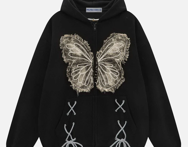 Aelfric Eden Fringe Washed Butterfly Hoodie black